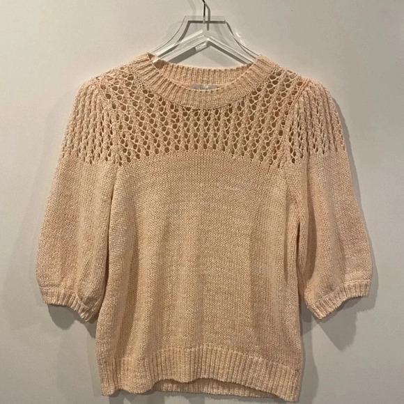 Joie Open Knit Puff Sleeve Una Crewneck Sweater Melon Womens Size Large - Picture 2 of 5